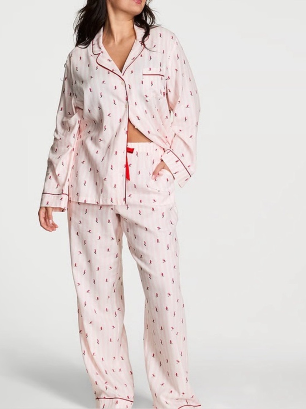 Victoria’s Secret White Pajama Pants with Red Drawstring and Ski Motif